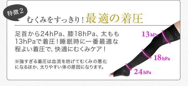 特徴2 むくみをすっきり！最適の着圧 足首から24hpa、膝18hpa、太もも13hpaで着圧！睡眠時に一番最適な程よい着圧で、快適にむくみケア！※強すぎる着圧は血流を妨げてむくみの悪化になるほか、太りやすい体の原因になります。